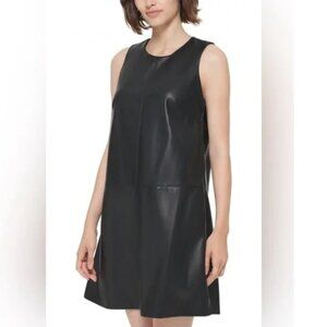 Calvin Klein Faux Leather A-Line Trapeze Black Paneled Dress Size 2 Minimalist